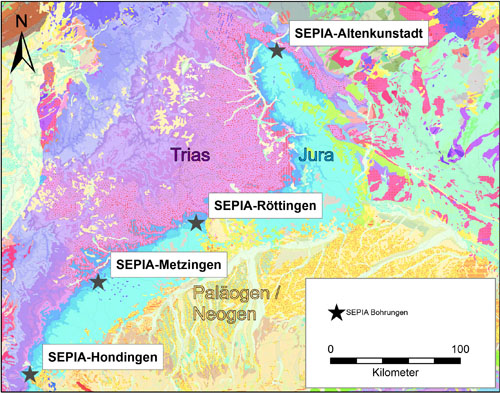 Geologische Karte Süddeutschlands und die Lage der 4 SEPIA-Bohrungen