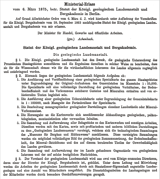Statuten für die Vereinigte Königliche Landesanstalt und Bergakademie zu Berlin vom 6.3.1875